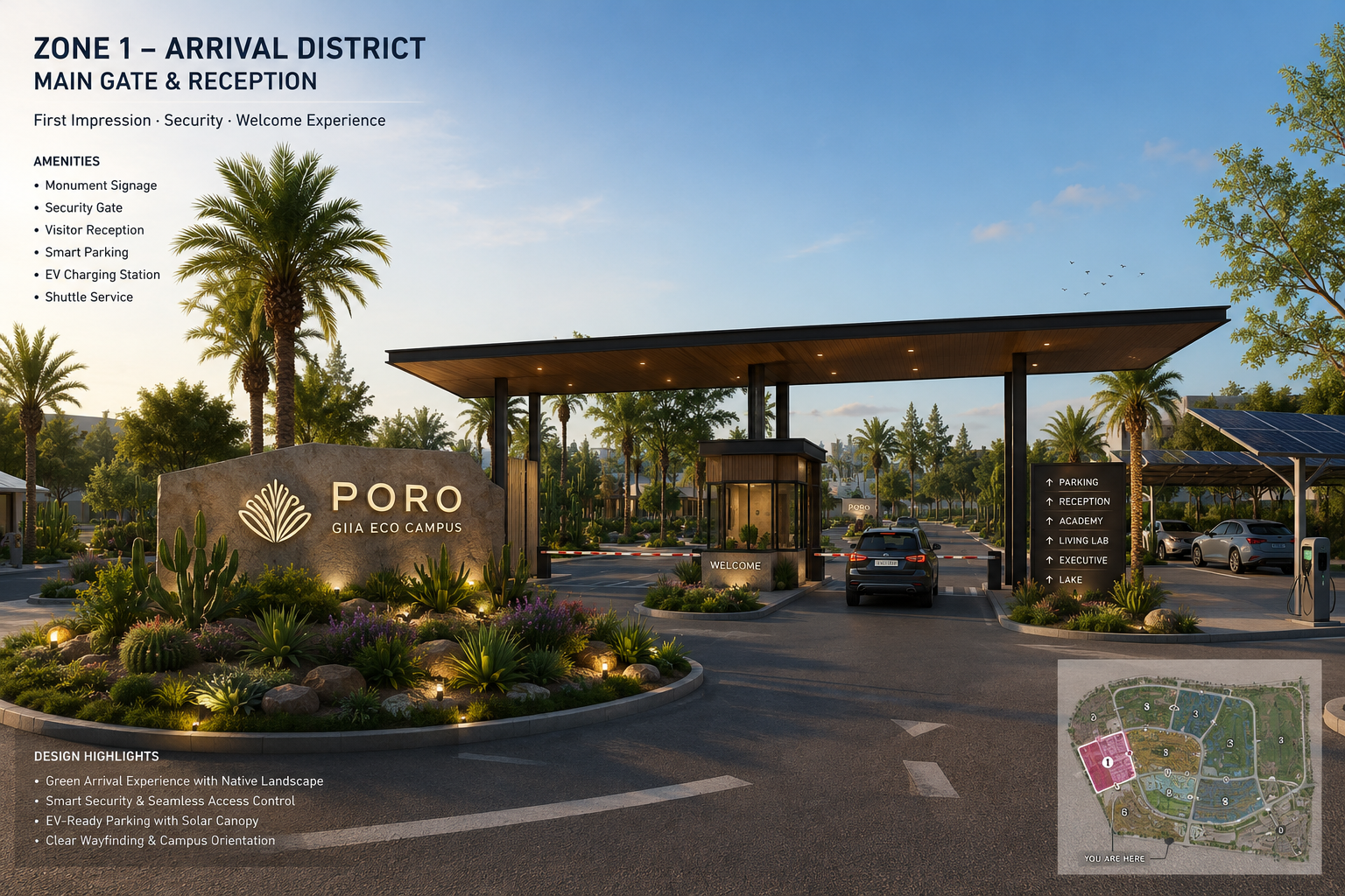 PORO GIIA Eco Campus — Main Gate & Arrival District